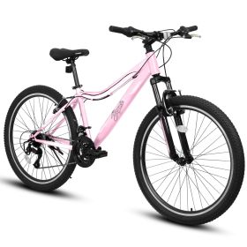 A26208D Mountain Bike 24 26 Inch, High-Density Carbon Steel Frame, 21 Speed, Front Suspension, Dual V-Brakes, Pre-Assembled For Men Women Teens (Option: Pink)